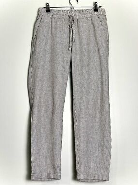 J. CREW Women's Linen Cotton Pants Black Ivory Striped Pull-On Pants Cuff Size 8